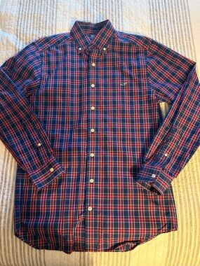 Vineyard Vines Navy and Red Plaid Button-Down Shirt